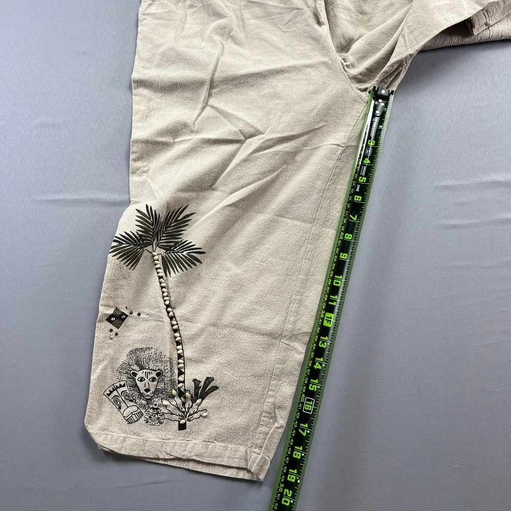 Jane Ashley Crop Pants Womens L Beige Embroidered Cotton Beaded Drawstring Waist